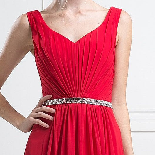 Red sleeveless evening gown bodice with rhinestone waist belt and pleated fabric