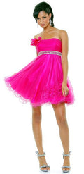 Hot pink strapless A-line short dress with rhinestone waist and tulle skirt