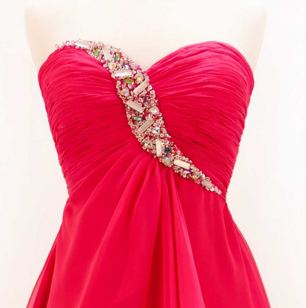 Red strapless chiffon short dress with jeweled sweetheart bodice and trim