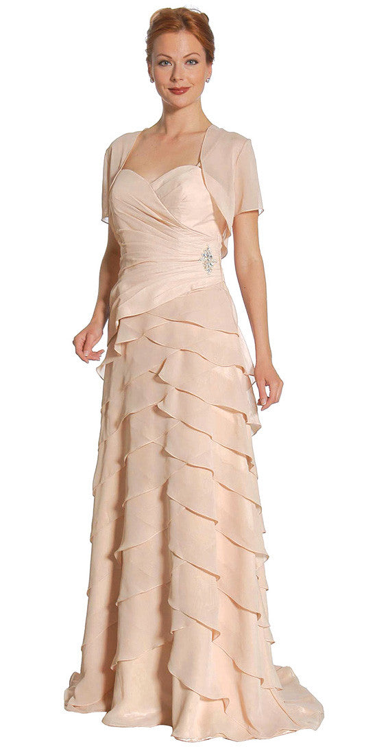 Gold chiffon formal dress with spaghetti straps and layered ruffle hem