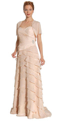 Gold chiffon formal dress with spaghetti straps and layered ruffle hem