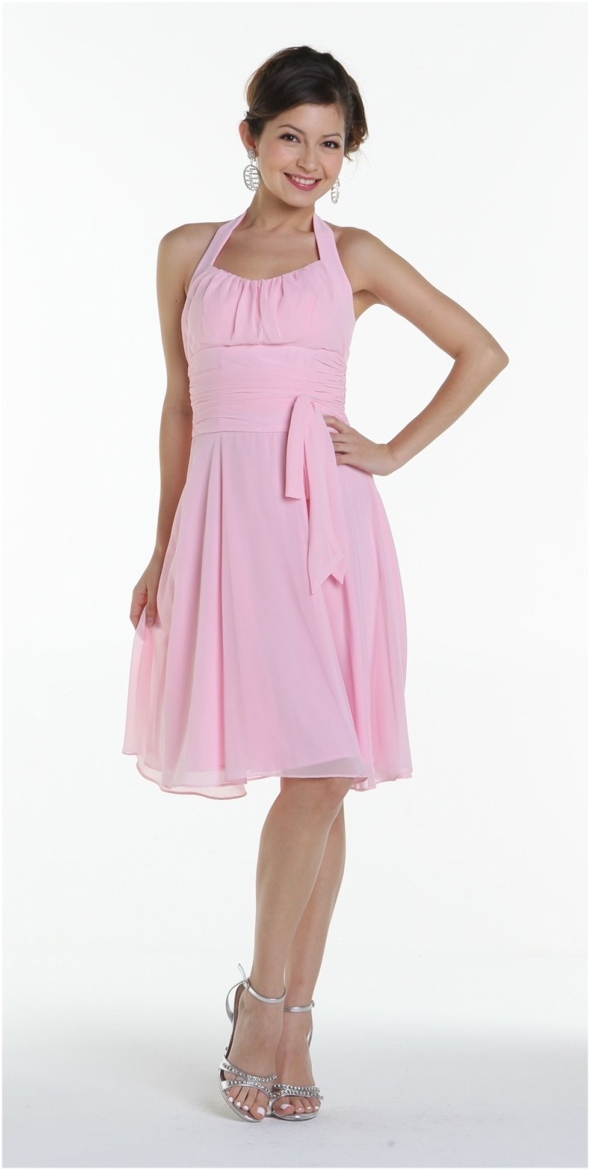 Pink halter strap chiffon knee-length dress with gathered bodice and side tie bow