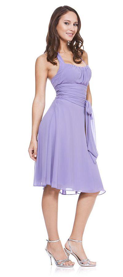 Purple halter strap chiffon knee-length dress with draped side tie and gathered bodice