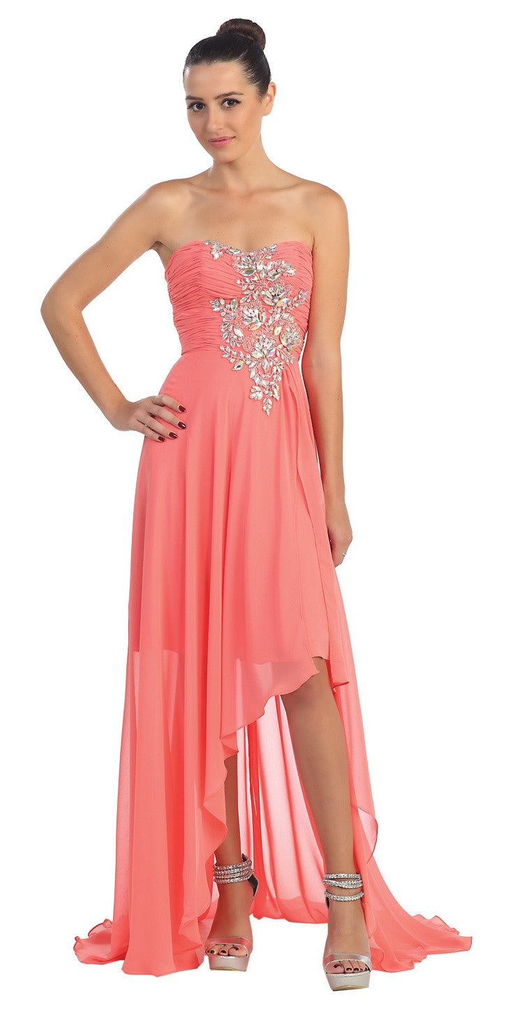 Coral strapless prom dress with ruched bodice and high-low chiffon skirt