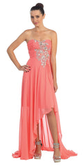 Coral strapless prom dress with ruched bodice and high-low chiffon skirt