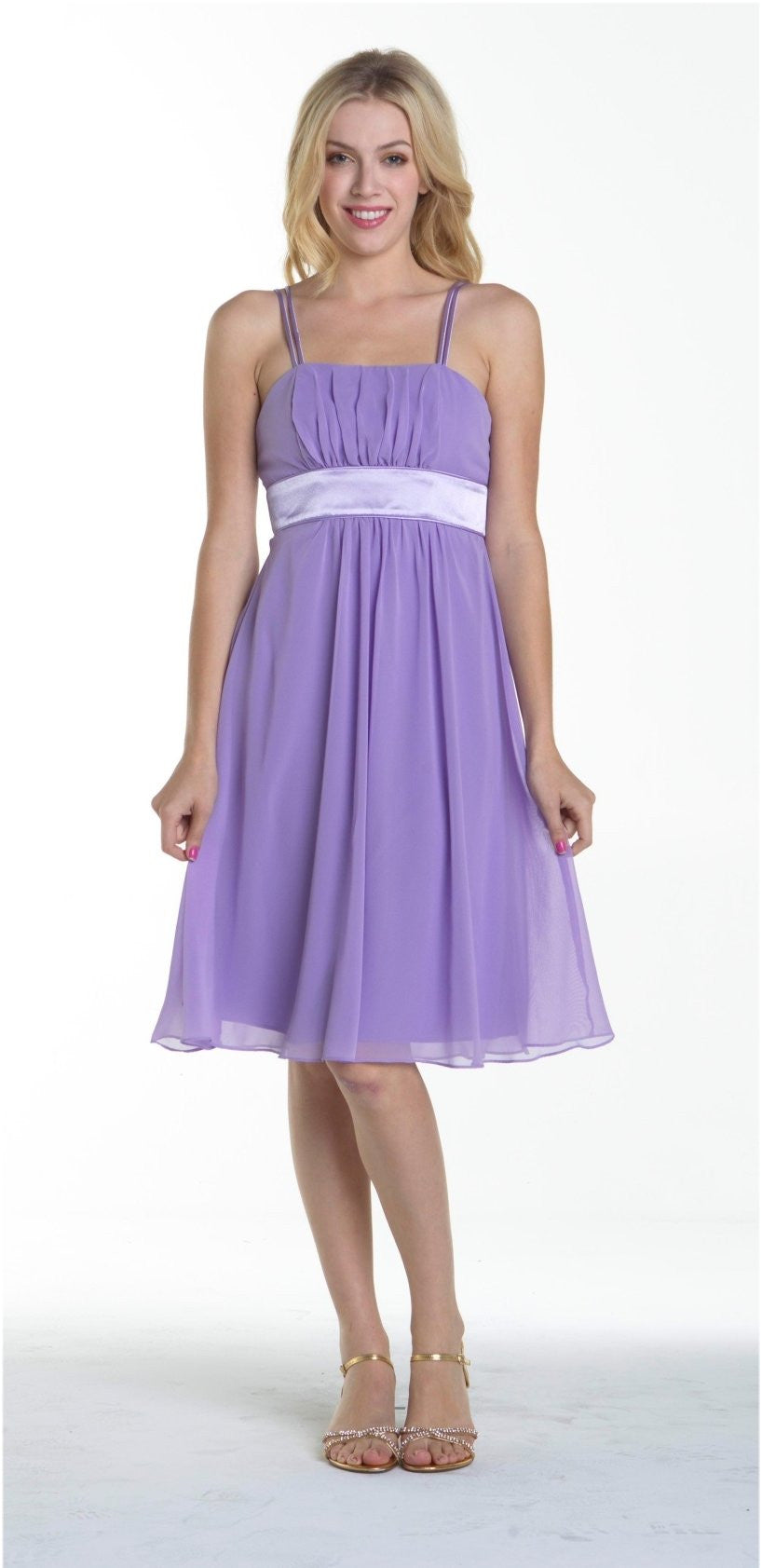 Knee-length spaghetti strap chiffon dress in purple, gathered waist, front