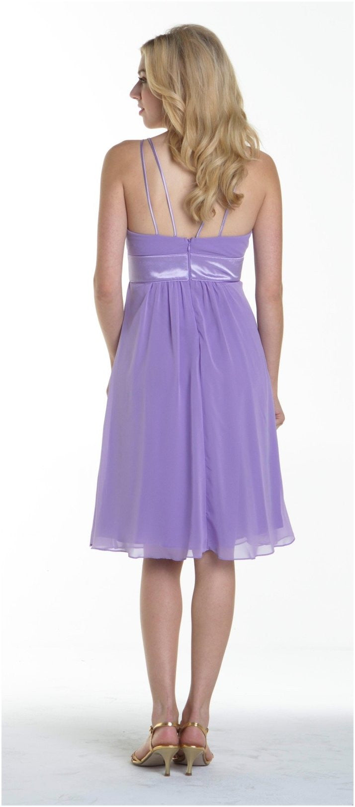 Knee-length spaghetti strap chiffon dress in purple, gathered waist, back