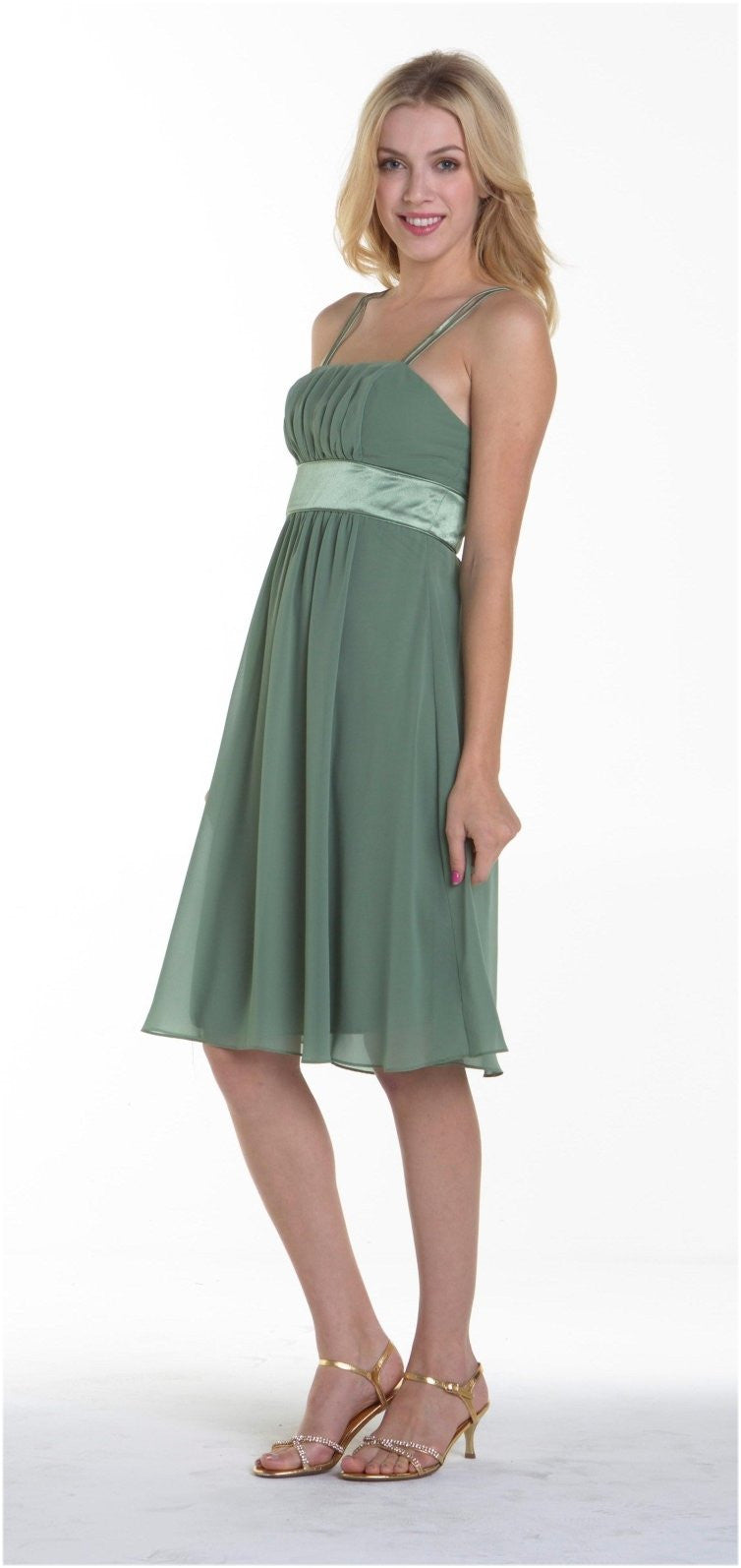 Knee-length green chiffon spaghetti strap dress with gathered waist and flared skirt
