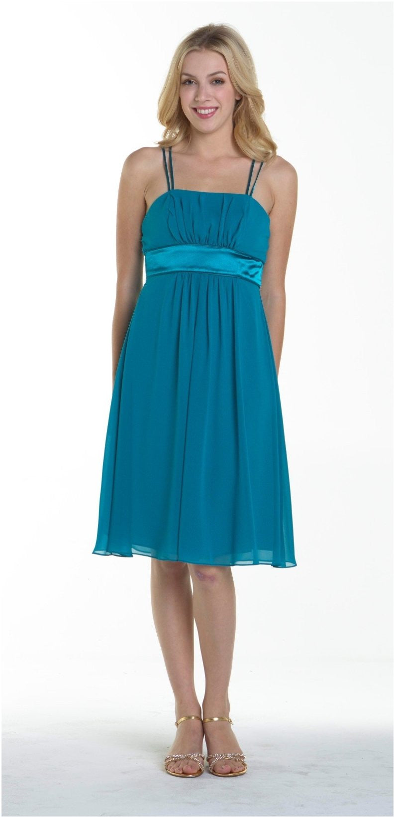 Knee-length teal chiffon spaghetti strap dress with ruched bodice and flared skirt