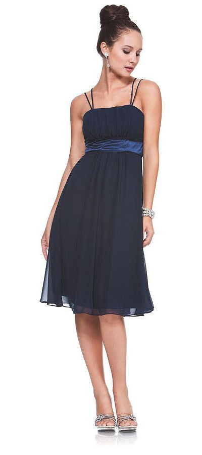 Knee-length dark chiffon spaghetti strap dress with ruched bodice and flared skirt