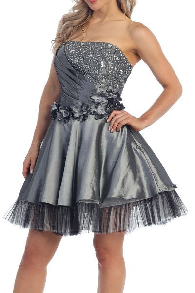 Strapless sequin A-line dress with ruffled waist and layered tulle hem