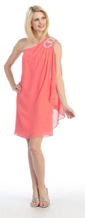 Coral one-shoulder short chiffon dress with jeweled collar detail
