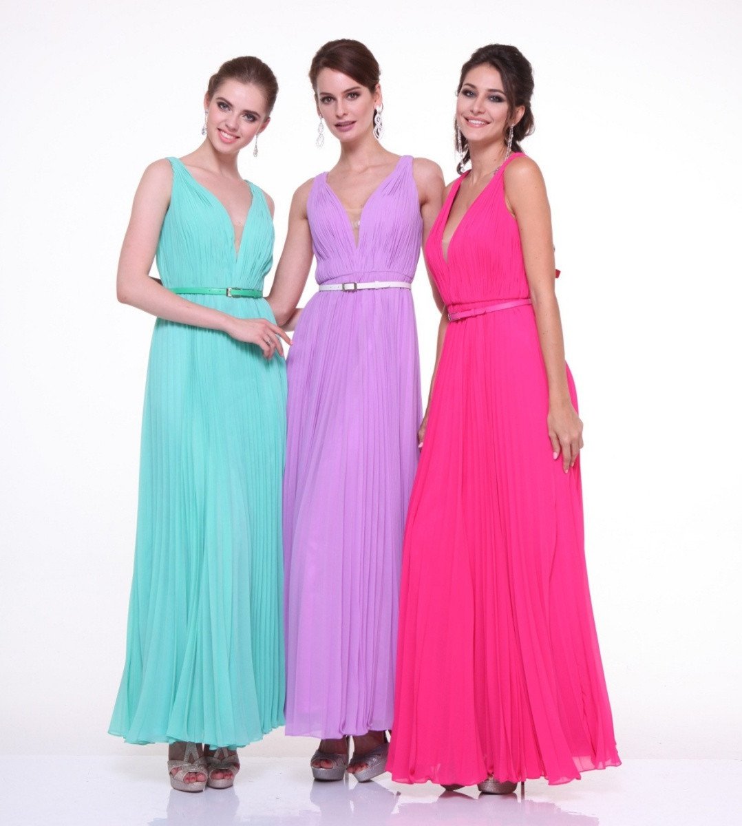 Three long chiffon pleated sleeveless dresses: mint, lavender, and pink with waist belts