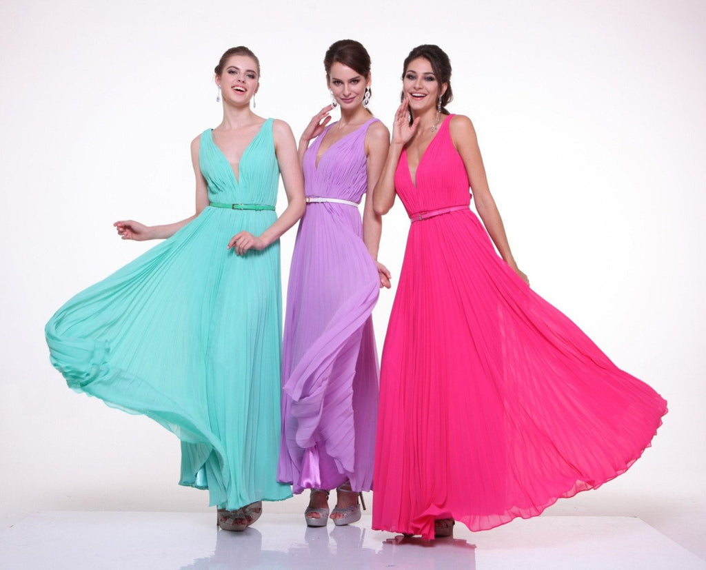 Three long chiffon pleated sleeveless dresses: mint, lavender, and hot pink with waist belts