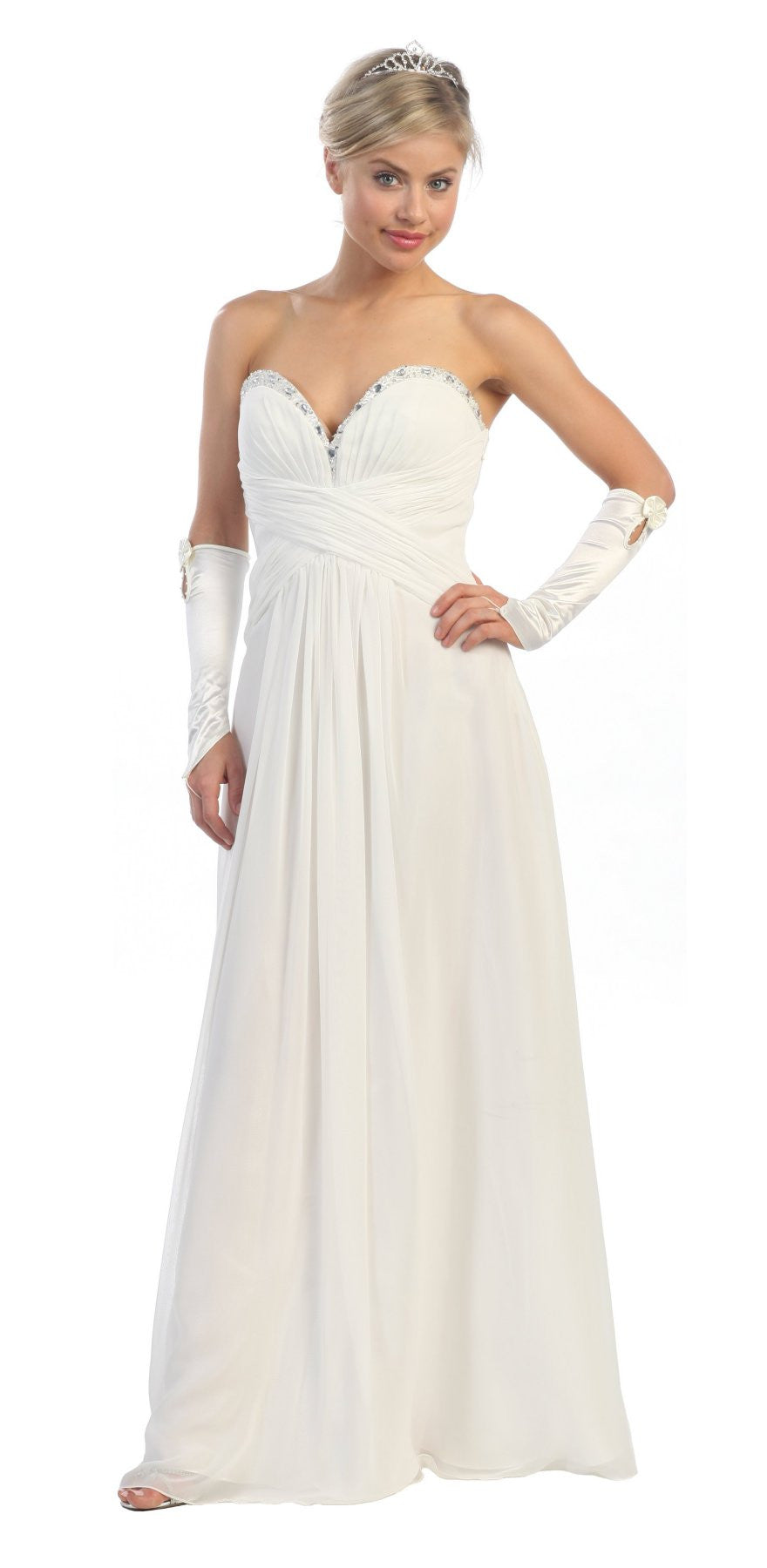 White strapless sweetheart beaded chiffon long gown with ruched bodice