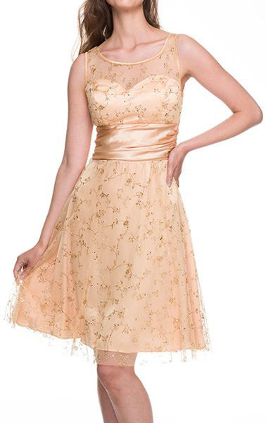 Beige knee-length A-line semi-formal dress with lace illusion overlay and straps