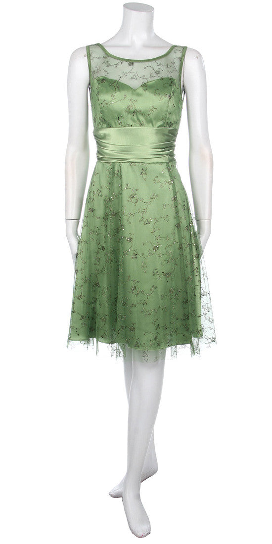 Olive green knee-length A-line semi-formal dress with lace illusion overlay