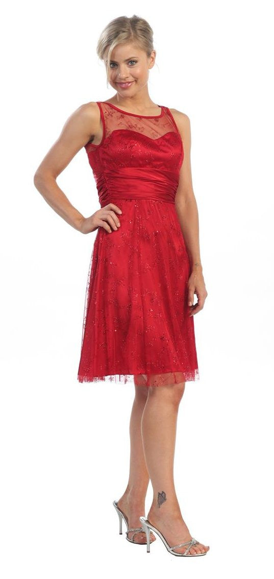 Red knee-length A-line semi-formal dress with lace illusion overlay
