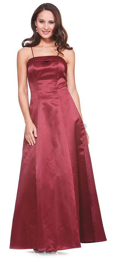 Satin A-line bridesmaid dress with spaghetti straps and ruched bodice, deep red/maroon.