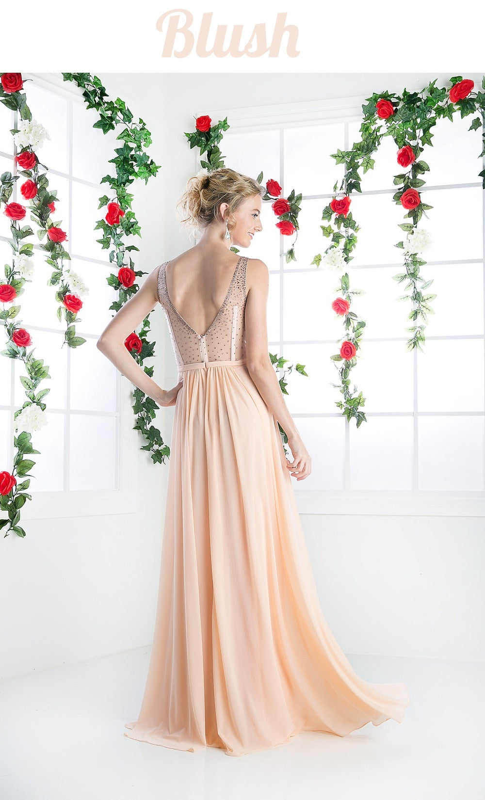 Cinderella Divine sheer beaded strap flowy evening dress in blush, open-back