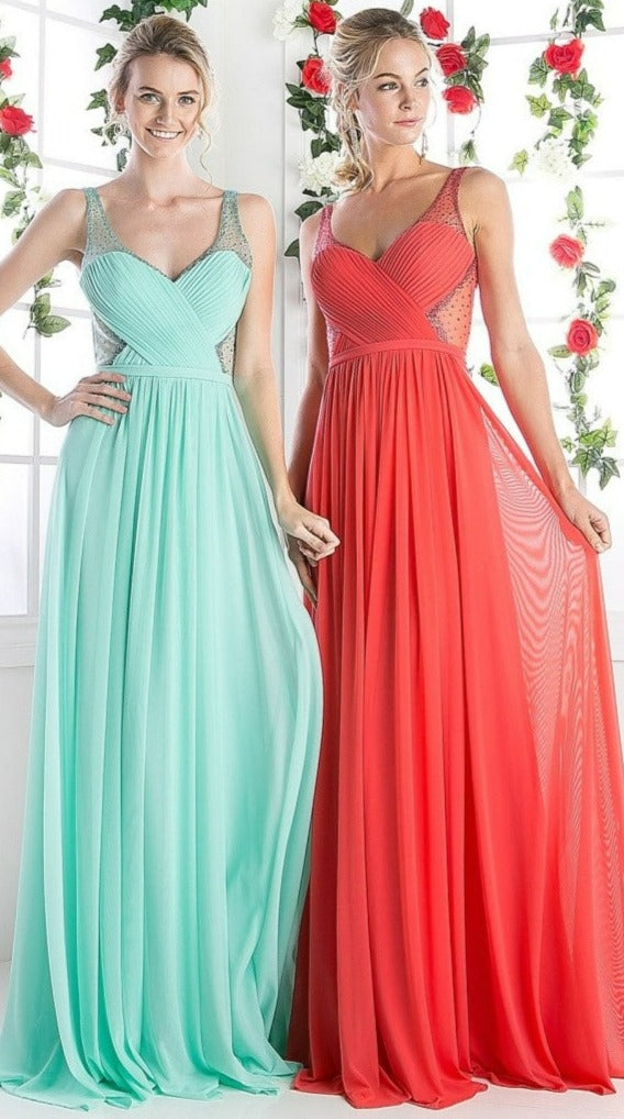 Cinderella Divine sheer beaded strap flowy evening dress in mint and coral-red