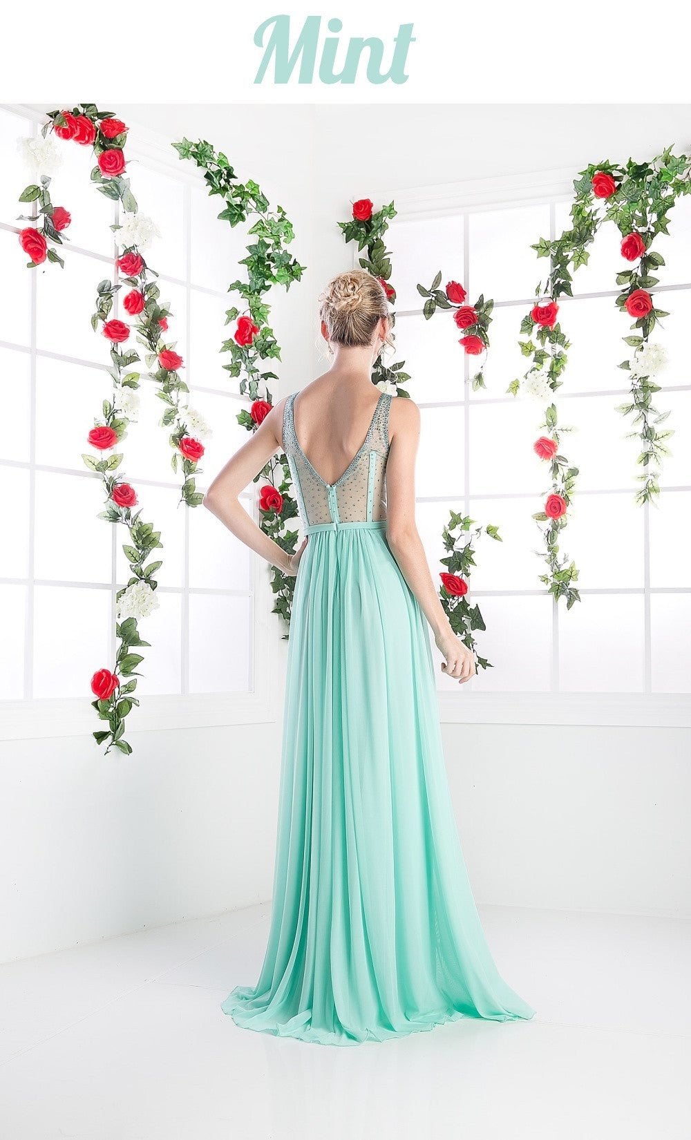 Cinderella Divine sheer beaded strap flowy evening dress, mint, open-back view