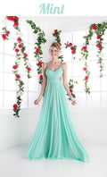 Cinderella Divine sheer beaded strap flowy evening dress, mint V-neck front