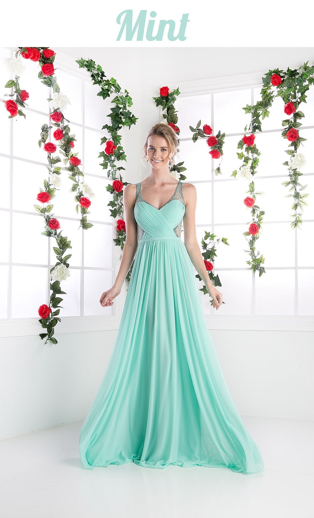Cinderella Divine sheer beaded strap flowy evening dress, mint V-neck front