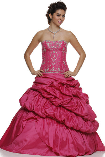 Fuchsia strapless quinceanera dress with embroidered bodice and voluminous ruffle skirt
