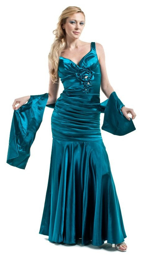 Teal satin mermaid gown with ruched bodice and layered pleated skirt
