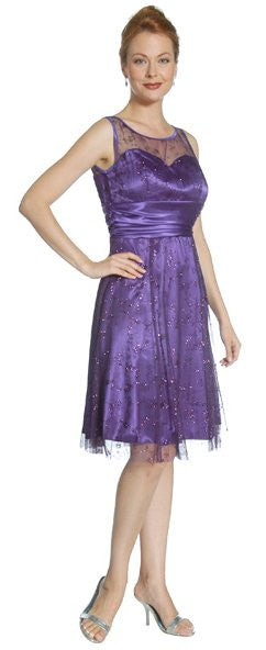 Purple knee-length A-line semi-formal dress with sparkle lace overlay