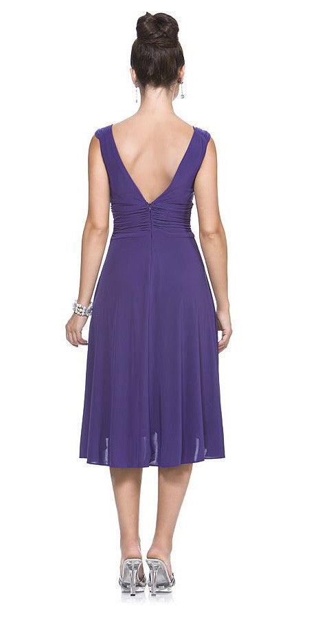 Back view of purple knee-length evening dress with V-neck and ruched sleeveless bodice