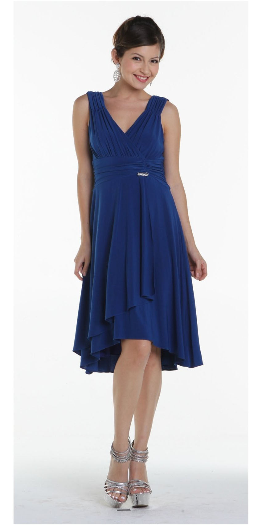 Royal blue knee-length evening dress with draped surplice neckline, sleeveless A-line