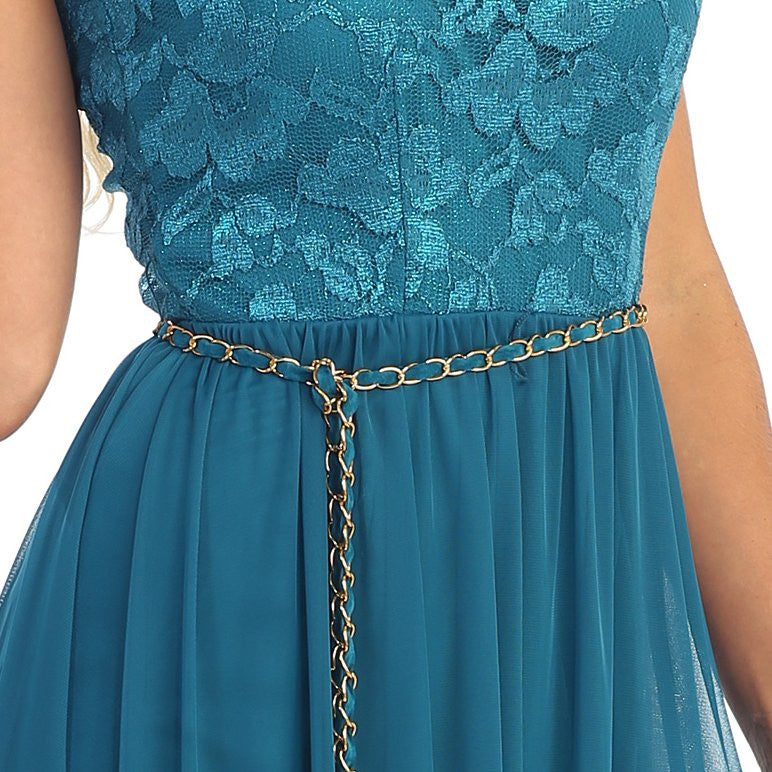 Sleeveless lace bodice with gold chain belt detail on teal high-low dress