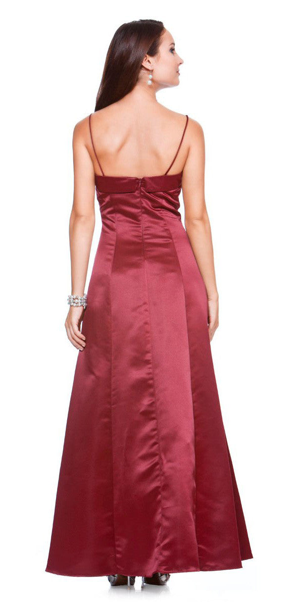 Satin A-line bridesmaid dress with spaghetti straps, deep red/maroon, back view.