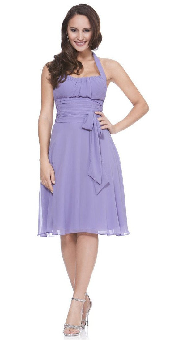 Lavender halter strap chiffon knee-length dress with side tie bow and ruched waist