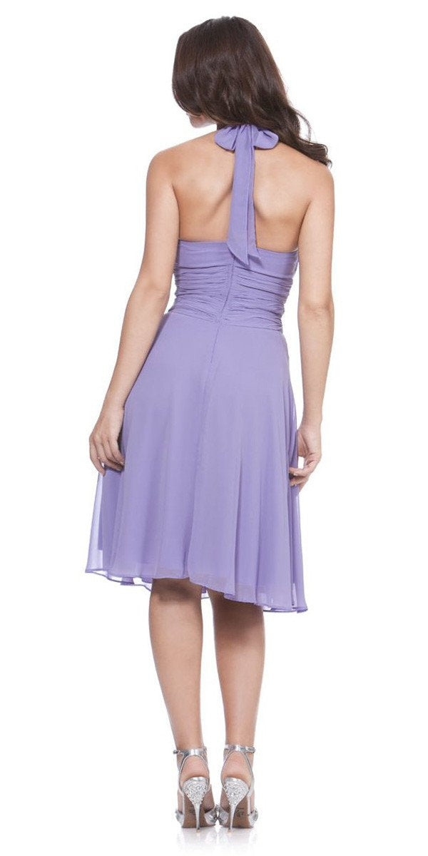 Lavender halter strap chiffon knee-length dress, back tie detail and side bow