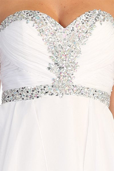 Sweetheart dress bodice with silver rhinestone applique and white gathered tulle skirt