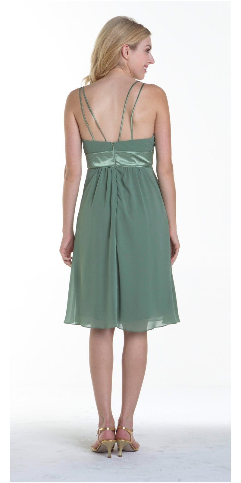 Knee-length green chiffon spaghetti strap dress, open back with gathered waist