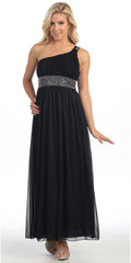 Long black one-shoulder chiffon gown with jeweled empire waist belt