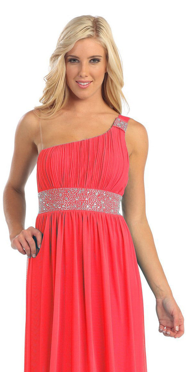 Coral one-shoulder knee-length dress with glitter waistband and pleated bodice