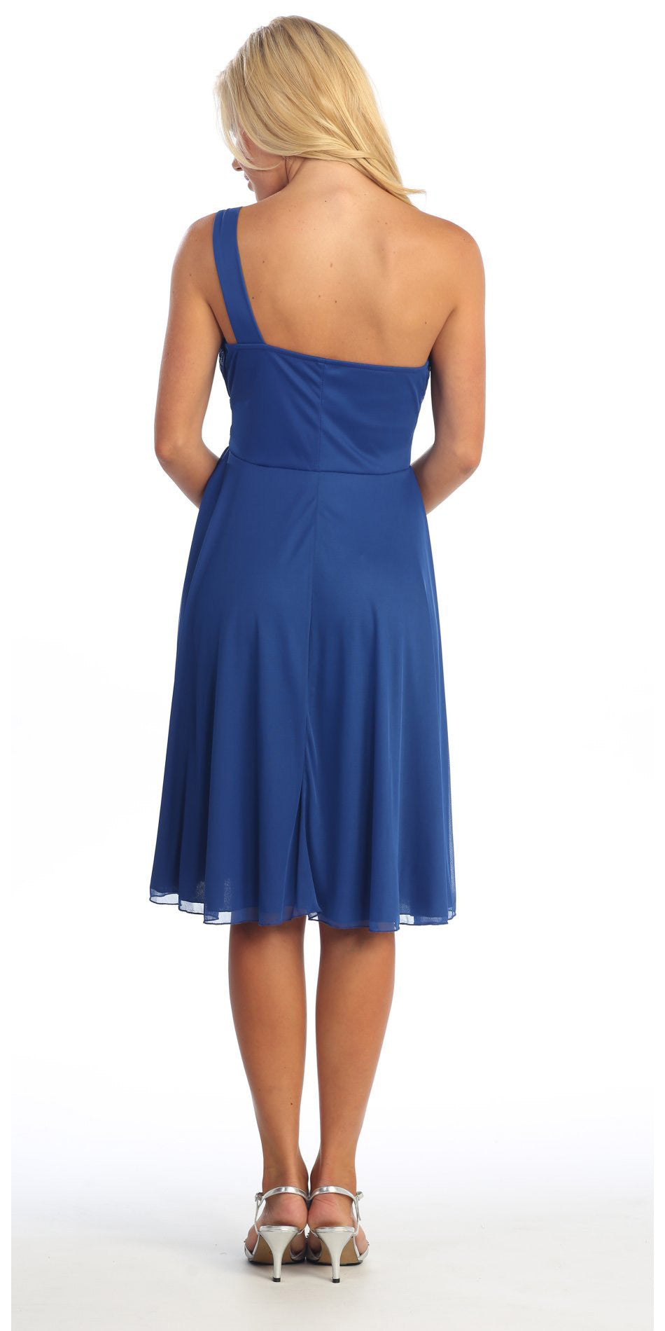 Blue one-shoulder knee-length dress, back view with fitted bodice
