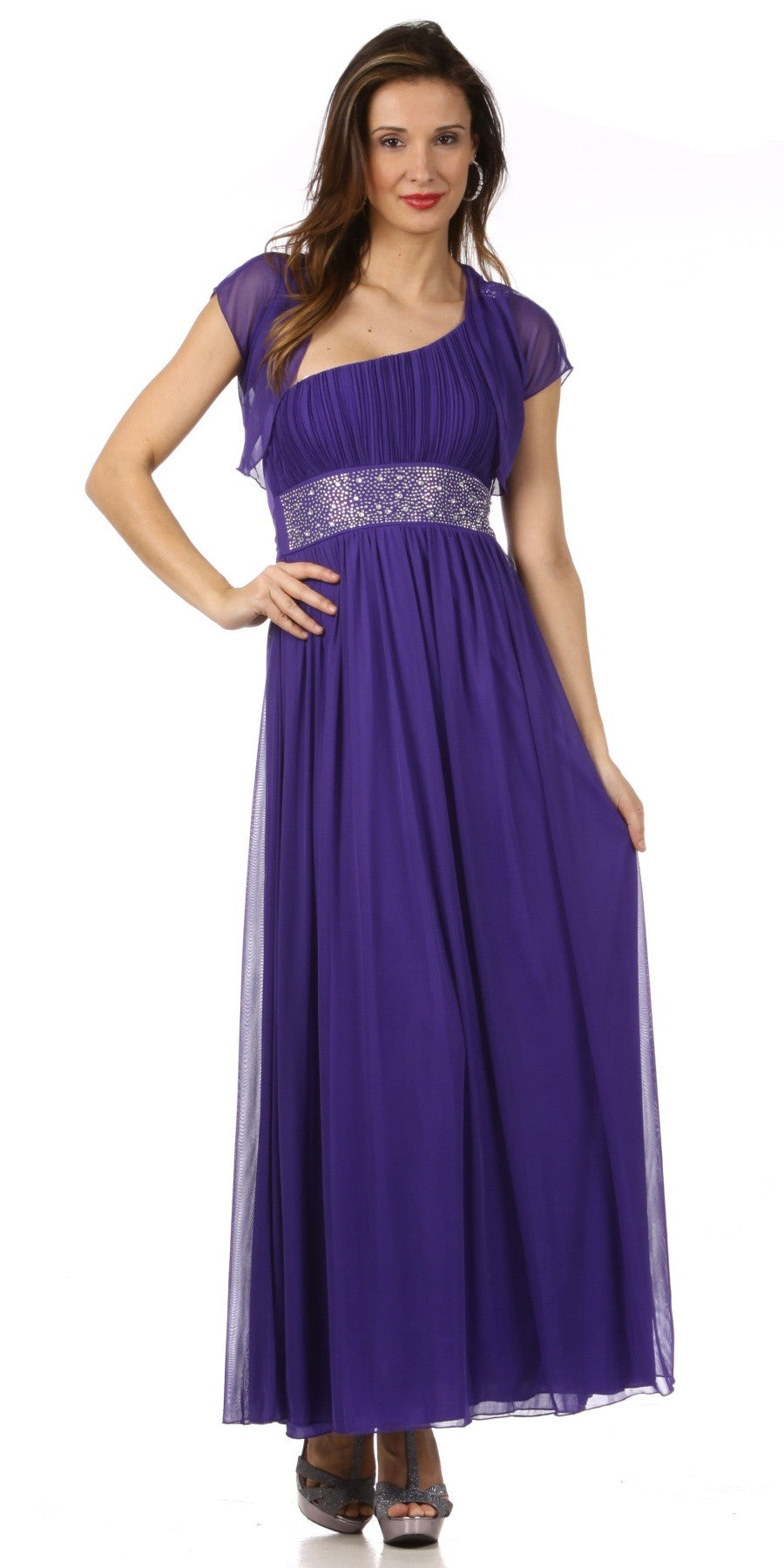 Purple one-shoulder chiffon maxi dress with rhinestone empire waist