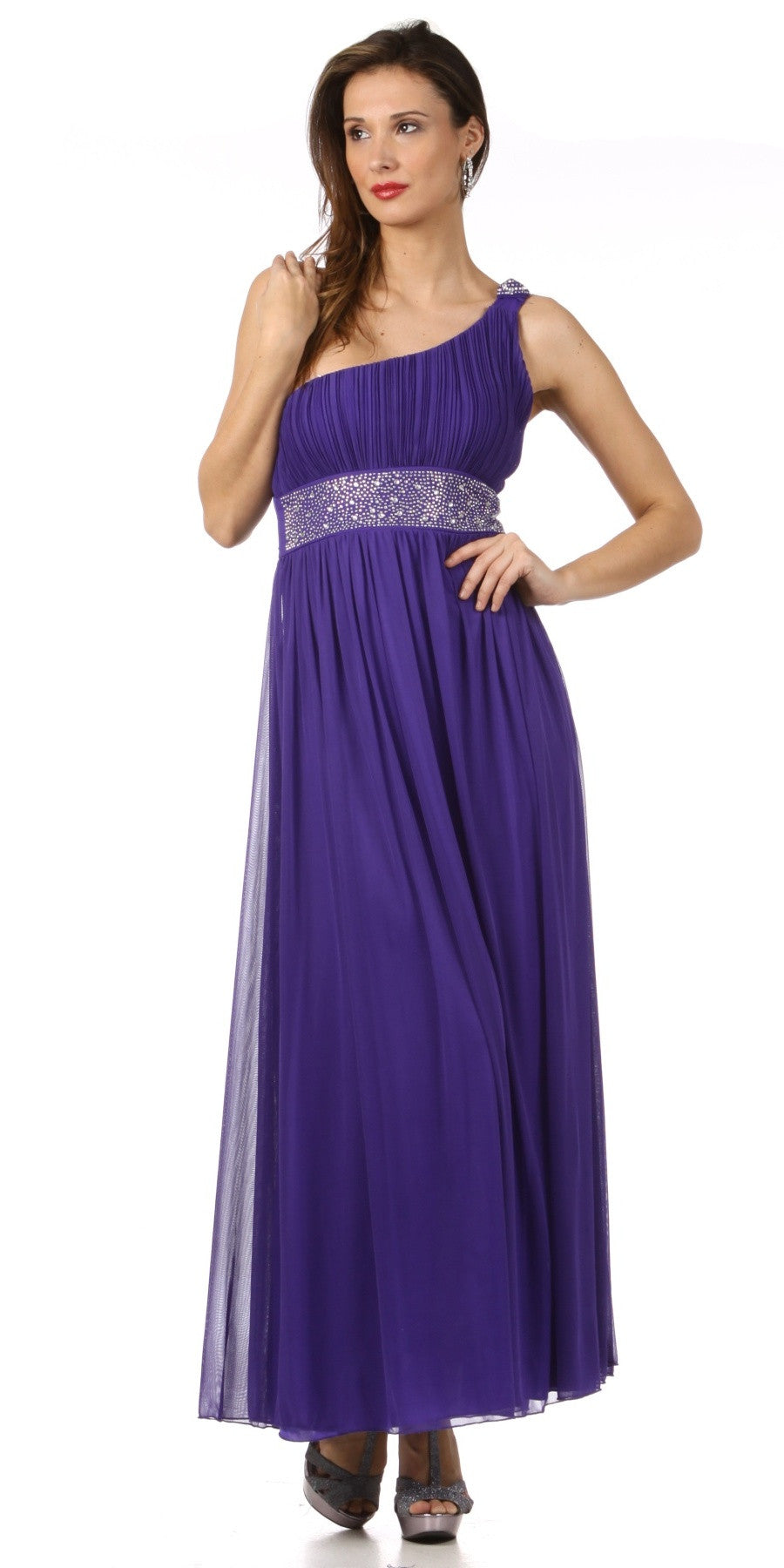 One-shoulder chiffon gown, lavender draped bodice with rhinestone beaded band