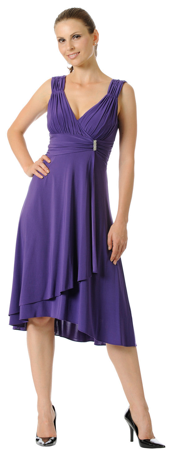 Purple knee-length evening dress with ruched crossover bodice, sleeveless, tiered hem