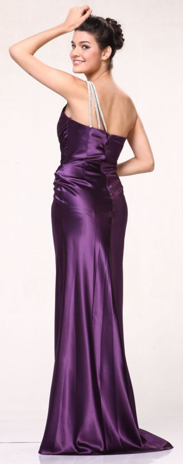 Purple satin one-shoulder evening gown with rhinestone strap detail, long skirt