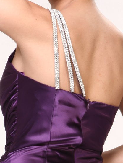 Purple satin one-shoulder gown closeup: rhinestone double straps at open back