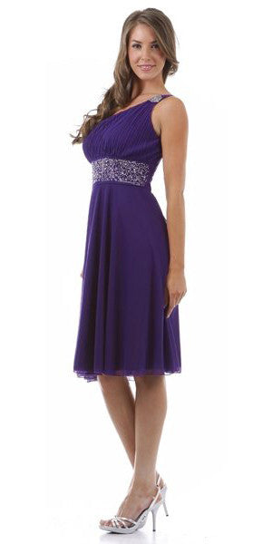 Purple one-shoulder knee-length dress with glitter waistband and draped skirt