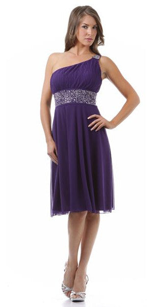 Purple one-shoulder knee-length dress with glitter waistband and gathered bodice
