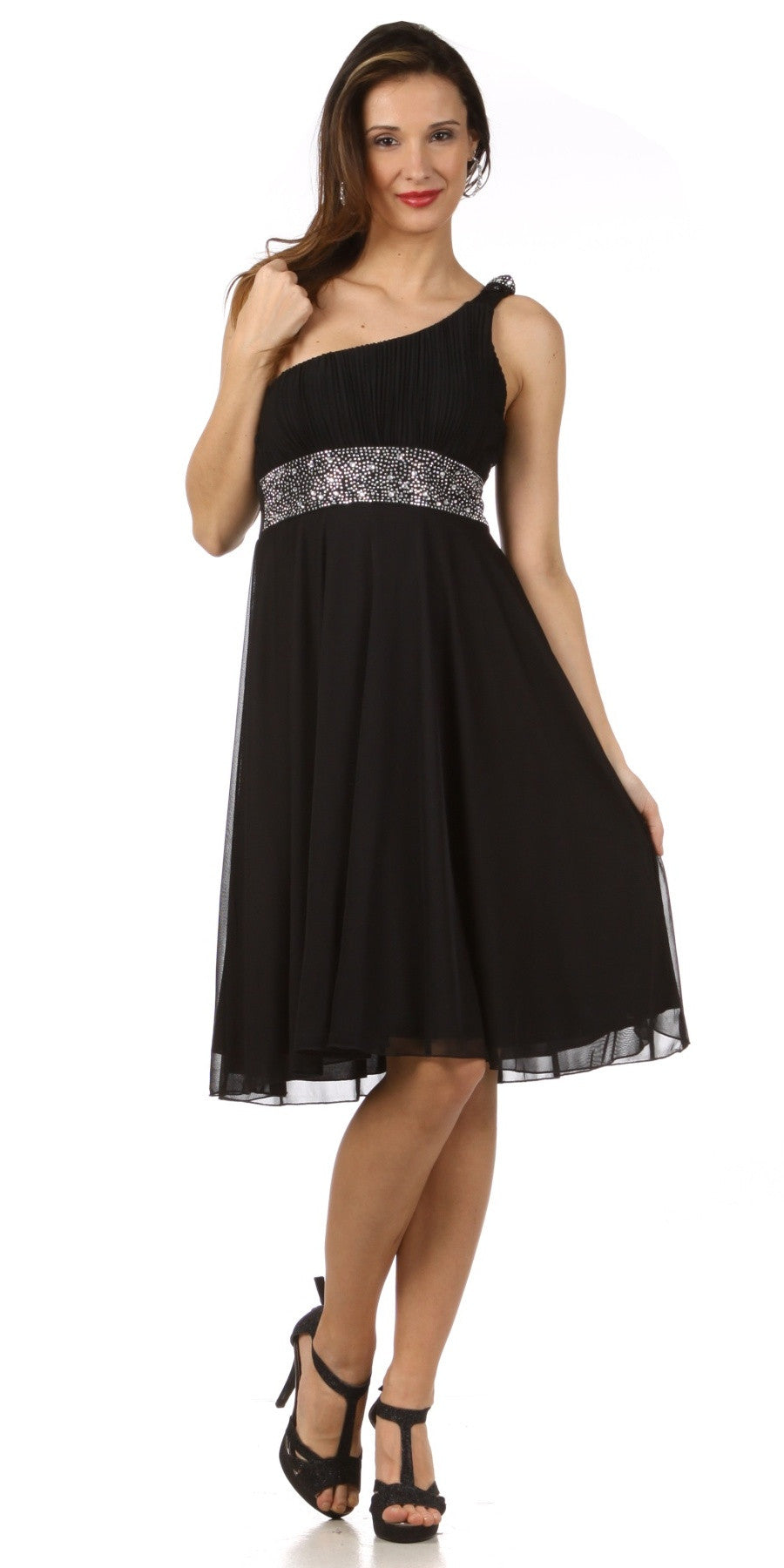 Black one-shoulder knee-length dress with glitter waistband and layered sheer hem